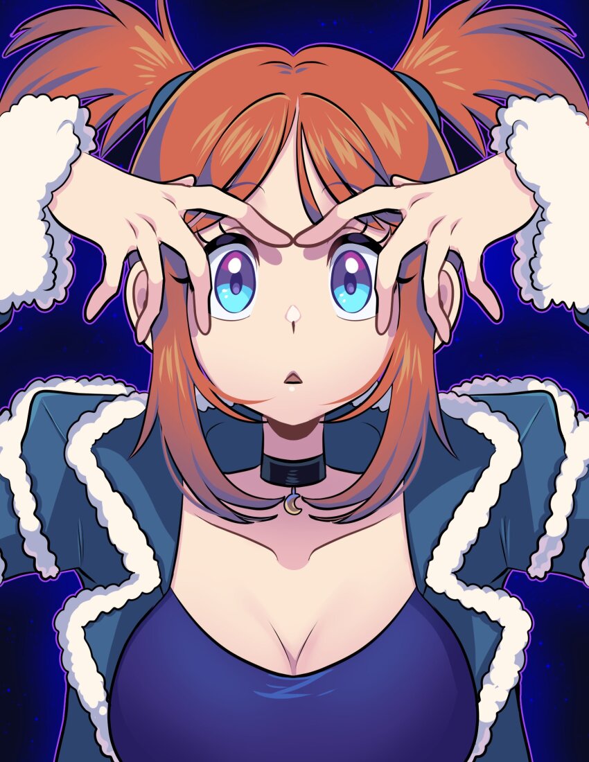 :o black_choker blue_eyes blue_jacket blue_shirt breasts choker collarbone commentary english_commentary eyelashes highres jacket long_sleeves looking_at_viewer missandydandy nintendo open_clothes open_jacket orange_hair pokemon pokemon_colosseum rui_(pokemon) shirt short_hair short_twintails twintails upper_body