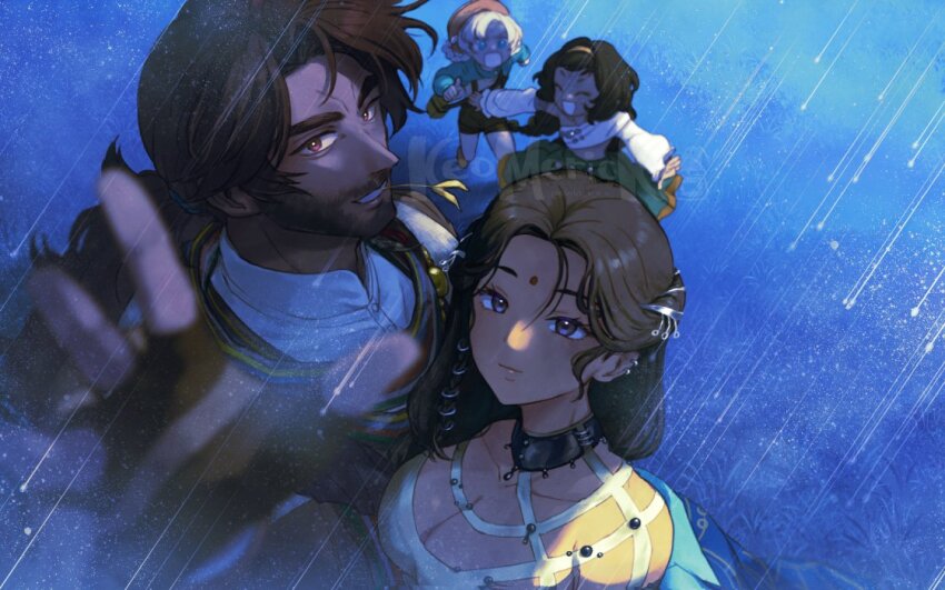 1boy 3girls beard_stubble black_choker black_hair blue_background blue_coat blue_eyes blue_sleeves blurry blurry_background blurry_foreground braid braided_hair_rings breasts brown_coat brown_eyes brown_gloves brown_shorts choker cleavage closed_mouth coat dark-skinned_female dark-skinned_male dark_skin facial_hair facial_mark fingerless_gloves forehead_mark gloves grass green_skirt grin hair_rings hairband kaalaa_baunaa kanjira long_hair looking_at_viewer matilda_bouanich matilda_bouanich_(the_genius&#039;s_holiday) mature_male medium_breasts merick meteor_shower multicolored_scarf multiple_girls open_mouth outstretched_arm outstretched_hand overall_shorts overalls ponytail purple_eyes rectangular_mouth reverse:1999 running scarf shamane shirt shorts shrug_(clothing) sidelighting skirt smile stubble upper_body watermark white_shirt yellow_hairband yellow_shirt