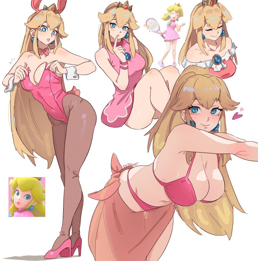 1girl absurdres animal_ears bare_shoulders bent_over bikini black_pantyhose blonde_hair blue_eyes blush bow bowtie bracelet breasts cleavage closed_eyes closed_mouth crown dashi_(dashiart) dress earrings gloves high_heels highres jewelry large_breasts legs leotard long_hair looking_at_viewer mario_(series) mario_tennis mario_tennis_aces nintendo open_mouth pantyhose pink_bikini pink_bow pink_bowtie pink_dress pink_leotard pink_sarong playboy_bunny ponytail princess_peach rabbit_ears rabbit_tail racket sarong simple_background sleeveless sleeveless_dress smile sphere_earrings swimsuit tail tennis tennis_racket thighs