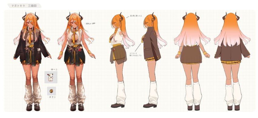 1girl absurdres bandaid bandaid_on_horn bandaid_on_leg black_horns black_jacket black_shoes black_sweater braid breasts closed_mouth collared_shirt gradient_hair hair_ornament hair_over_one_eye highres horns indie_virtual_youtuber jacket long_hair loose_socks magato_sera mayutsuba_mono multicolored_hair multiple_views nail_polish necktie open_clothes open_jacket orange_hair partially_unbuttoned pink_hair pleated_skirt reference_sheet shirt shoes skirt sleeves_past_wrists socks sweater tan tied_sweater virtual_youtuber white_shirt white_socks wristband yellow_necktie yellow_skirt
