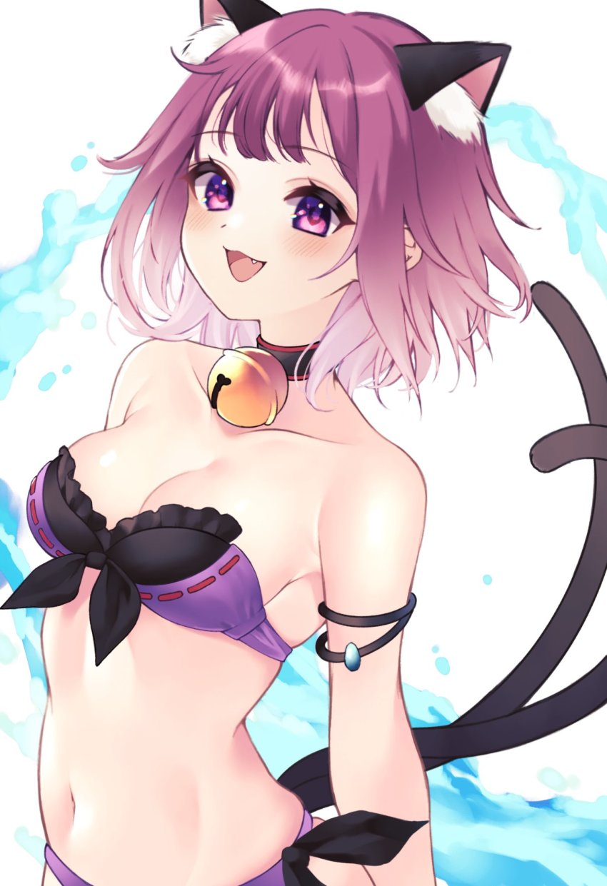 1girl animal_ear_fluff animal_ears bell bikini breasts cat_ears cleavage collar fang highres jingle_bell medium_breasts medium_hair multiple_tails neck_bell princess_connect! purple_bikini purple_eyes purple_hair solo strapless strapless_bikini swimsuit tail tamaki_(princess_connect!) tamaki_(summer)_(princess_connect!) toramaru_(toramal9831) upper_body