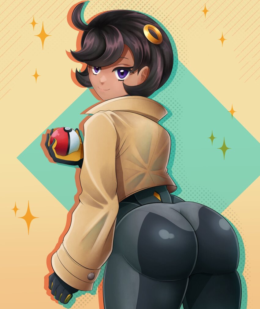 1girl ass black_hair bodysuit dark-skinned_female dark_skin emma_(pokemon) from_behind highres huge_ass jacket looking_at_viewer looking_back nintendo poke_ball pokemon pokemon_legends:_z-a purple_eyes short_hair smug zssjblue