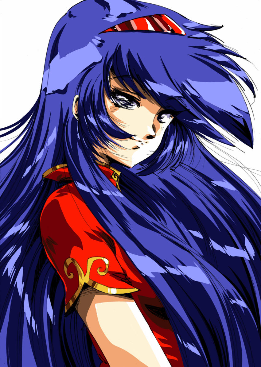 1girl blue_eyes blue_hair borrowed_character chinese_clothes close-up commentary commission english_commentary from_side headband highres hinomars19 looking_at_viewer original red_headband smile solo upper_body white_background
