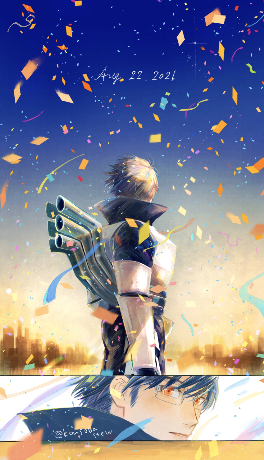 1boy absurdres black_hair boku_no_hero_academia confetti dated facing_away glasses glint highres iida_tenya industrial_pipe konsobastew male_focus orange_eyes outdoors rectangular_eyewear short_hair sideburns twitter_username