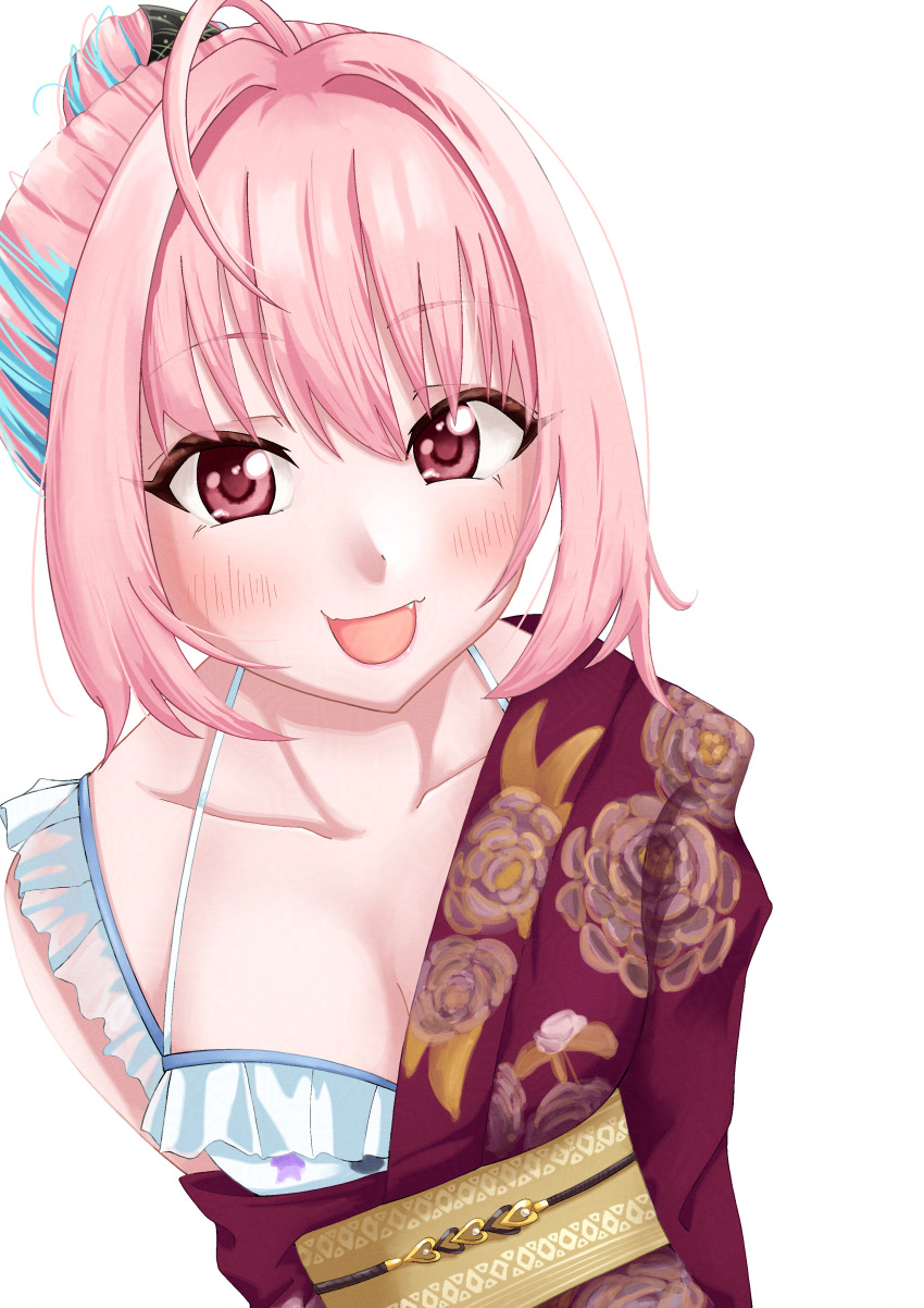 1girl absurdres bikini bikini_under_clothes blush breasts cleavage collarbone fang hair_bun highres idolmaster idolmaster_cinderella_girls idolmaster_cinderella_girls_starlight_stage japanese_clothes kimono large_breasts looking_at_viewer medium_hair monotombo2 multicolored_hair open_mouth pink_hair red_kimono sash simple_background smile solo swimsuit two-tone_hair white_background white_bikini yellow_sash yumemi_riamu
