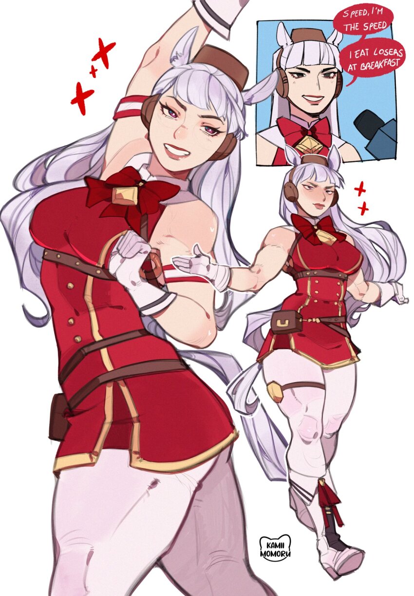animal_ears blunt_bangs boots bow brown_hat dress ear_bow ear_covers ear_ornament ear_ribbon english_text full_body gold_ship_(umamusume) hat highres horse_ears horse_girl horse_tail kamii_momoru microphone multiple_views muscular muscular_female pillbox_hat pink_eyes red_dress signature smile sparkle speech_bubble tail thigh_strap umamusume white_boots white_hair