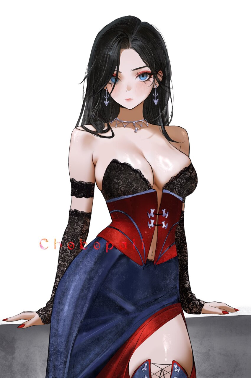 1girl artist_name bare_shoulders black_bra black_hair black_sleeves blue_eyes blue_skirt blue_thighhighs bra breasts character_request chokopaii commission contrapposto copyright_request corset cowboy_shot cross-laced_clothes cross-laced_legwear detached_sleeves earrings highres jewelry lace lace_bra large_breasts looking_at_viewer navel necklace parted_bangs red_corset red_nails red_skirt serious side_slit skirt solo strapless strapless_bra thighhighs thighs underwear white_background