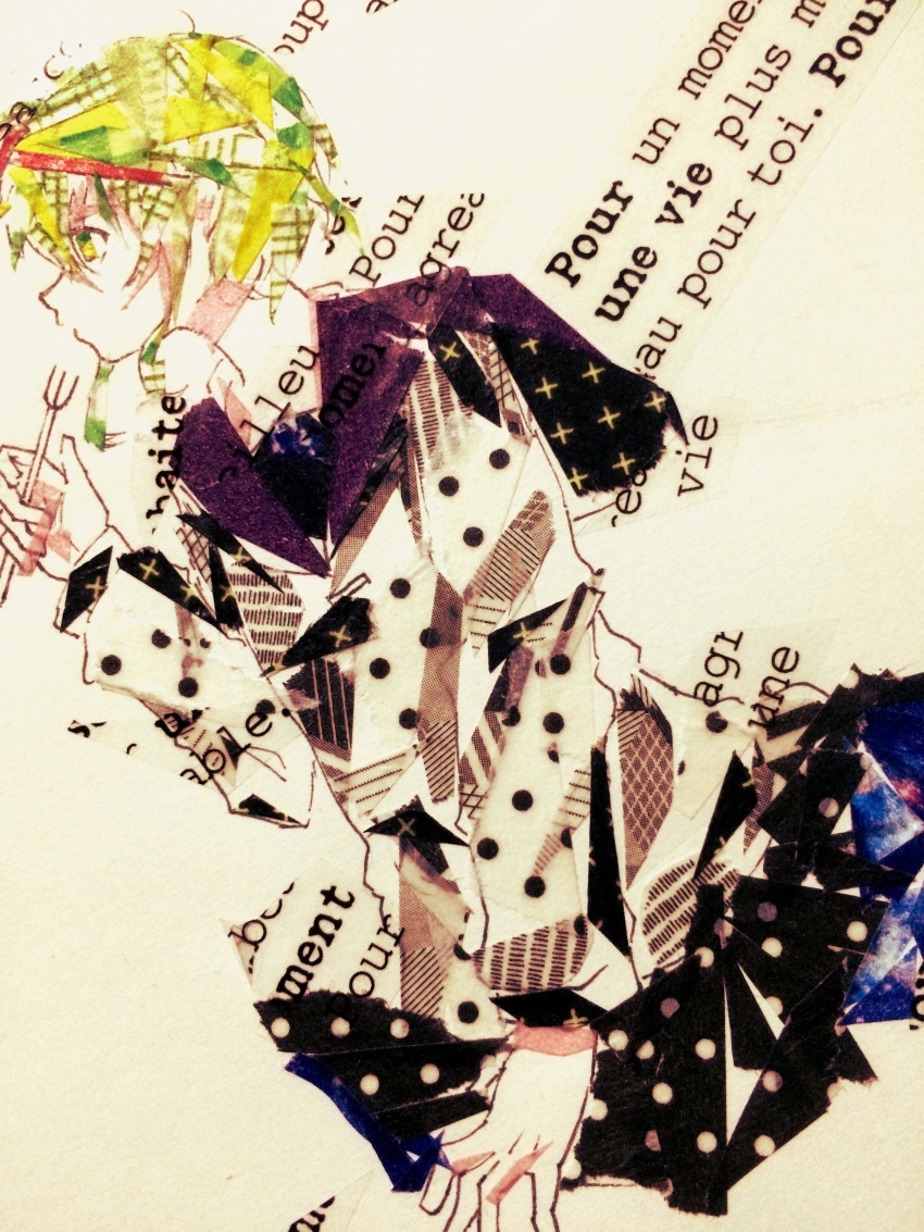 1girl absurdres asagi_kino black_skirt commentary_request cropped_torso dutch_angle fork from_behind green_eyes green_hair gumi hair_between_eyes hand_up highres holding holding_fork long_sleeves looking_ahead masking_tape_(medium) mixed_media photo_(medium) polka_dot polka_dot_shirt polka_dot_skirt profile purple_sailor_collar sailor_collar shirt short_hair sidelocks skirt solo traditional_media unconventional_media vocaloid white_background white_shirt yowamushi_mont-blanc_(vocaloid)