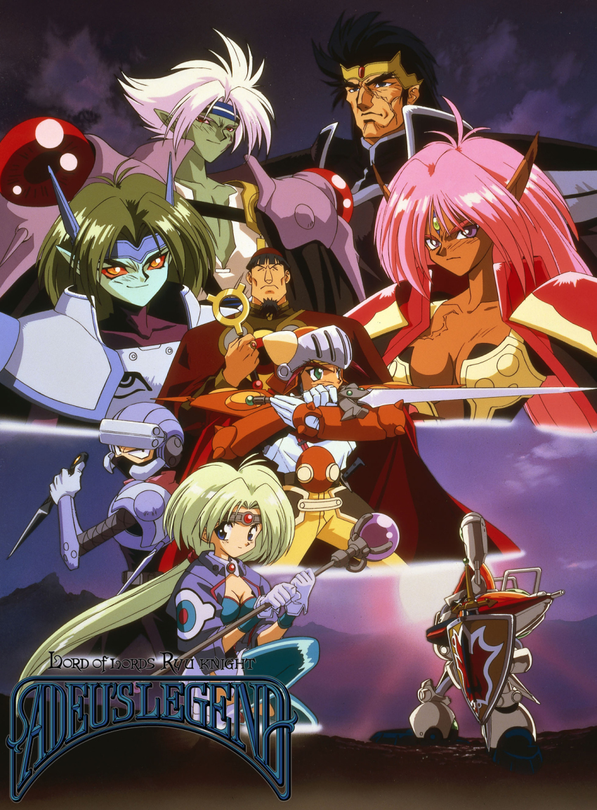 1990s_(style) 3girls 5boys adeu_warsam armor black_eyes black_hair blue_legwear breasts cape cleavage colored_sclera colored_skin copyright_name dark_skin fighting_stance gloves green_hair green_skin haou_taikei_ryuu_knight hat headband helmet highres holding holding_staff holding_sword holding_weapon jacket kunai large_breasts long_hair looking_at_viewer malto mask mecha mouth_mask multiple_boys multiple_girls official_art open_clothes open_jacket paffy_pafuricia pauldrons pink_hair pointy_ears ponytail red_eyes red_sclera retro_artstyle robot scar scar_on_chest scar_on_face shoulder_armor smile squatting staff sunrise sword thighhighs third_eye very_long_hair weapon white_gloves white_hair yellow_eyes zephyr