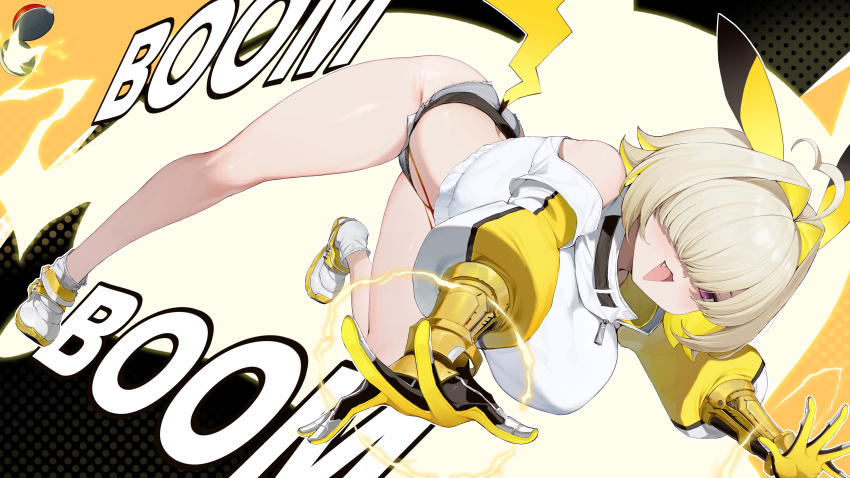 1girl absurdres ahoge all_fours animal_ears black_gloves blonde_hair breasts chinese_commentary clothing_cutout commentary commentary_request cosplay crop_top electricity elegg_(nikke) english_commentary english_text fang game_freak gloves goddess_of_victory:_nikke grey_shorts hair_intakes hair_over_eyes highres kanon_(sinto) large_breasts long_bangs long_sleeves looking_at_viewer micro_shorts midriff mixed-language_commentary multicolored_hair nintendo open_mouth pikachu_ears pikachu_tail poke_ball pokemon pokemon_tail purple_eyes shirt short_hair shorts shoulder_cutout simple_background smile solo stomach tail thighs two-sided_gloves two-tone_gloves two-tone_hair white_footwear white_shirt yellow_gloves