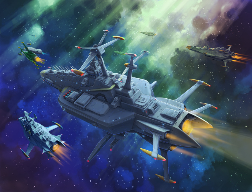 commentary_request energy_cannon fleet kinoshita_teitoku lights military nebula official_style radio_antenna realistic science_fiction space spacecraft star_(symbol) star_symbol_background thrusters turret uchuu_senkan_yamato uchuu_senkan_yamato_2199 uchuu_senkan_yamato_2205:_arata_naru_tabidachi zero_gravity
