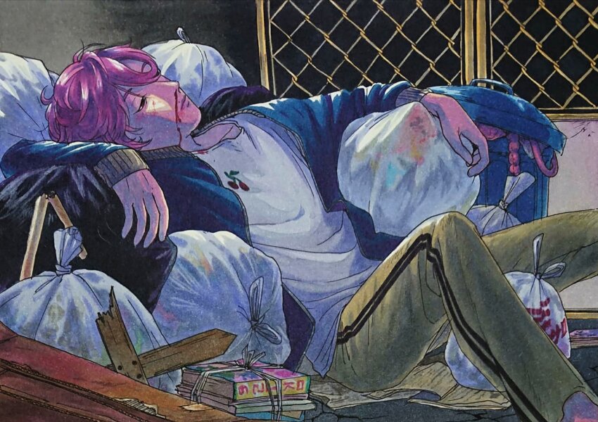1boy 59awakadoy blood blood_on_face blue_jacket brown_eyes chain-link_fence cherry_print commentary_request feet_out_of_frame fence food_print fruit_print green_pants half-closed_eyes highres intestines jacket long_sleeves lying male_focus night on_back organs original outdoors pants pink_hair shirt short_hair solo t-shirt traditional_media trash_bag trash_can white_shirt zipper