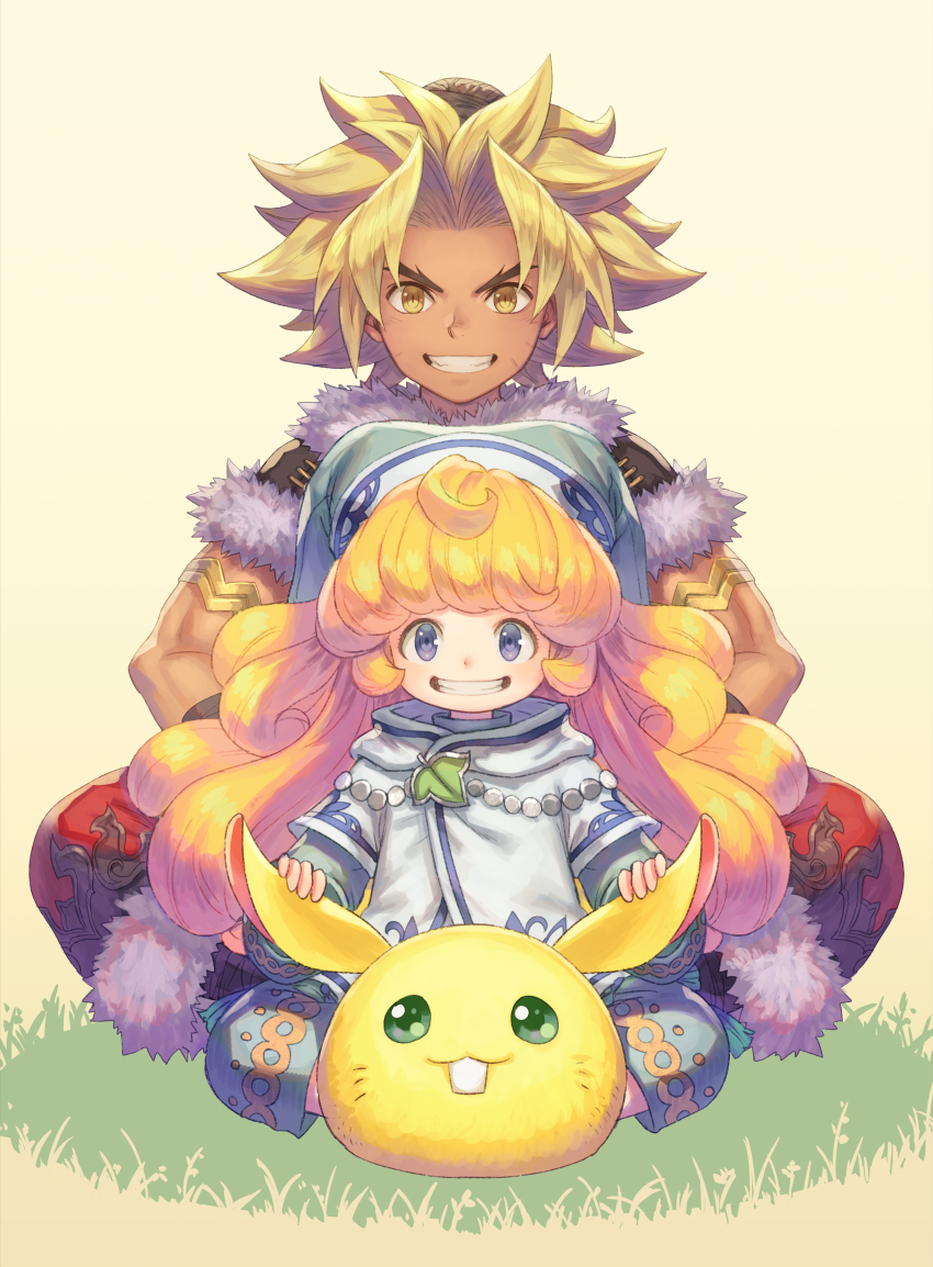 1boy 1girl absurdres anbe_yoshirou blonde_hair blue_eyes brown_eyes charlotte_(seiken_densetsu_3) commentary_request creature dark-skinned_male dark_skin fur_trim green_eyes grin happy hat highres kevin_(seiken_densetsu_3) layered_sleeves long_hair long_sleeves looking_at_viewer pants rabite_(seiken_densetsu) red_pants seiken_densetsu seiken_densetsu_3 short_over_long_sleeves short_sleeves simple_background sitting smile spiked_hair teeth very_long_hair
