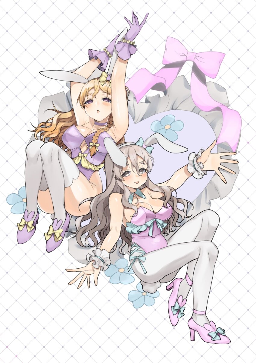 2girls alternate_costume animal_ears blush breasts brown_eyes brown_hair detached_collar fake_animal_ears fake_tail grey_hair hair_between_eyes heart highres kantai_collection large_breasts leotard long_hair looking_at_viewer multiple_girls open_mouth pantyhose pink_leotard pink_shoes playboy_bunny pola_(kancolle) purple_footwear purple_leotard rabbit_ears rabbit_tail shoes siblings simple_background sisters strapless strapless_leotard tail thighhighs toriniku_senshi_chikinman wavy_hair white_background white_pantyhose white_thighhighs wrist_cuffs zara_(kancolle)