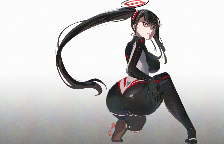 1girl ass black_bodysuit black_hair black_halo blue_archive bodysuit bright_pupils exocet_(exocet4) from_behind gun halo handgun highres multicolored_halo red_eyes ringed_eyes rio_(blue_archive) rio_(bodysuit)_(blue_archive) solo two-tone_halo weapon white_pupils