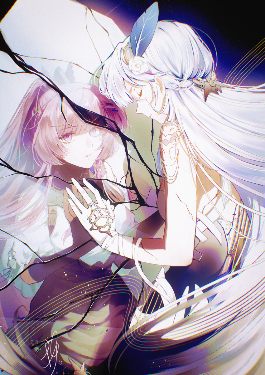 2girls absurdres alternate_form broken_mirror crack cracked_glass hair_ornament hand_on_mirror highres long_hair looking_at_reflection looking_at_viewer mirror multiple_girls musical_staff pink_hair punishing:_gray_raven reflection scuro selena:_pianissimo_(pgr) selena_(pgr) white_hair