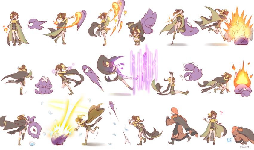 1boy 1girl action arm_support arm_up armor arms_up attack black_cape boots breastplate brown_hair cape chasing creature delthea_(fire_emblem) dress explosion facing_away fire fire_emblem fire_emblem_echoes:_shadows_of_valentia fireball fleeing floating futabaaf jumping long_hair looking_at_another looking_back luthier_(fire_emblem) magic multiple_views nintendo ponytail profile red_hair robe shorts sigh simple_background sitting sparkle squatting standing standing_on_one_leg tearing_up tears trembling white_background