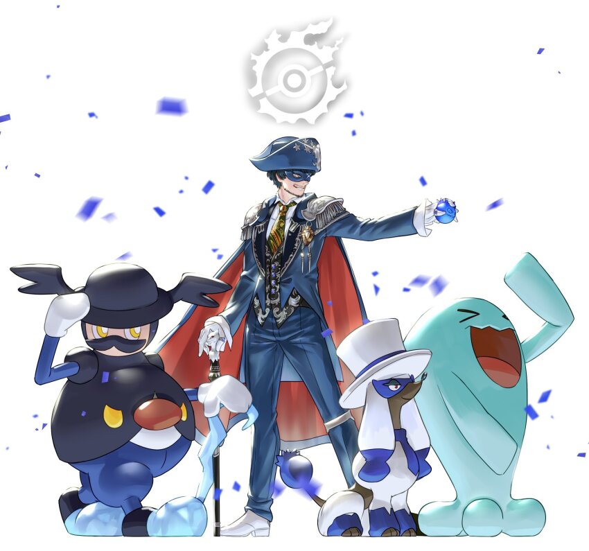 1boy blue_mage_(final_fantasy) blue_mask cane cape closed_eyes final_fantasy final_fantasy_xiv furfrou game_freak gen_2_pokemon gen_6_pokemon gen_8_pokemon hat hat_tip highres holding holding_cane martyn_(ff14) mr._rime nintendo open_mouth pirate_hat pokemon pokemon_(creature) potion_lilac top_hat wobbuffet yellow_eyes