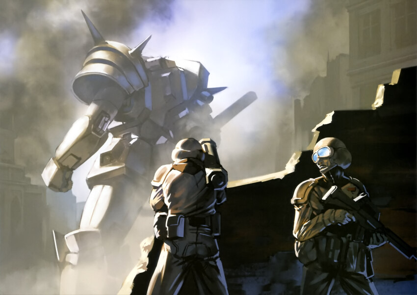 against_wall ambush artist_request assault_rifle back battle bazooka_(gundam) brick_wall combat_helmet crack cracked_wall crossbone_vanguard den&#039;an_zon earth_federation goggles gun gundam gundam_f91 gundam_perfect_file helmet hiding highres machinery magazine_scan mecha military_uniform mobile_suit painting_(medium) promotional_art realistic rifle robot ruins scan science_fiction shoulder_spikes size_difference smoke soldier spikes traditional_media weapon