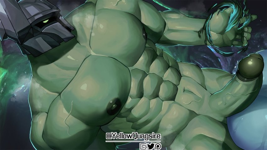 2boys abs artist_name aura bara biceps blue_skin colored_skin erection fog glowing glowing_eyes green_eyes green_skin helmet huge_penis large_pectorals league_of_legends male_focus manly masa_yawara_(yellow) mature_male mordekaiser multiple_boys muscular muscular_arms muscular_male nipples nude pectorals penis signature twitter_username veins yorick_(league_of_legends)