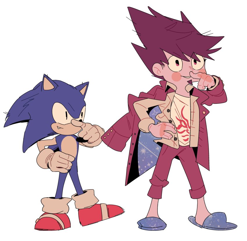 2boys absurdres animal_nose blue_fur body_fur danganronpa_(series) danganronpa_v3:_killing_harmony facial_hair full_body gloves goatee hair_between_eyes hand_on_own_hip hedgehog_boy highres jacket jacket_partially_removed lovepoints male_focus momota_kaito multiple_boys open_clothes open_jacket pants pants_rolled_up purple_facial_hair purple_hair rubbing_nose shoes short_hair simple_background slippers smirk sonic_(series) sonic_the_hedgehog space_print spiked_hair standing starry_sky_print white_background white_gloves
