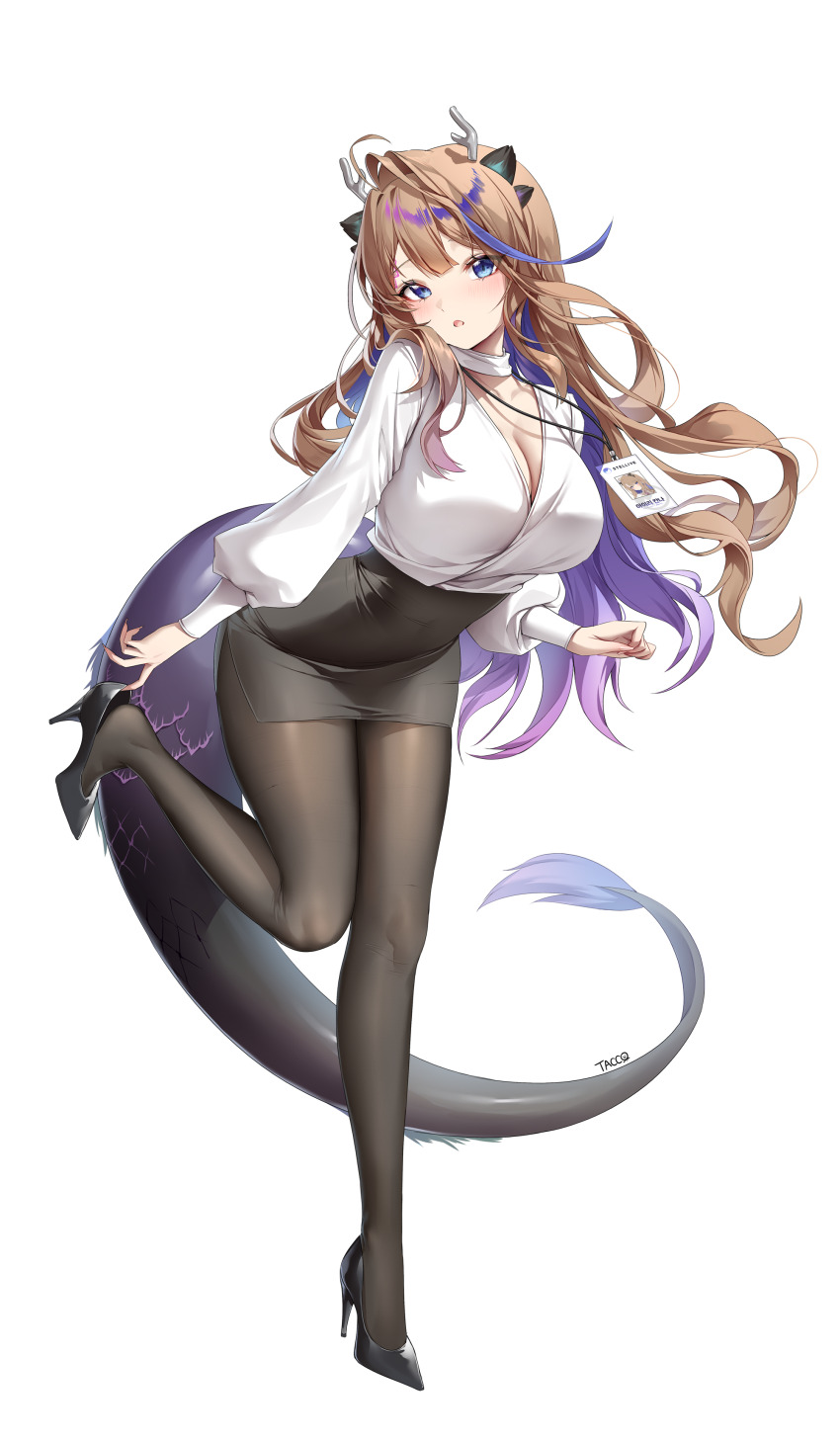 1girl absurdres ahoge airi_kanna animal_ears antlers black_footwear black_skirt blue_eyes breasts brown_hair brown_pantyhose choker cleavage colored_inner_hair full_body high-waist_skirt high_heels highres horns id_card lanyard large_breasts leg_up long_hair long_sleeves looking_at_viewer multicolored_hair open_mouth pantyhose pencil_skirt purple_hair shirt shirt_tucked_in side_slit simple_background skirt solo standing standing_on_one_leg stellive tacco_(tikeworld) tail very_long_hair virtual_youtuber white_background white_choker white_shirt