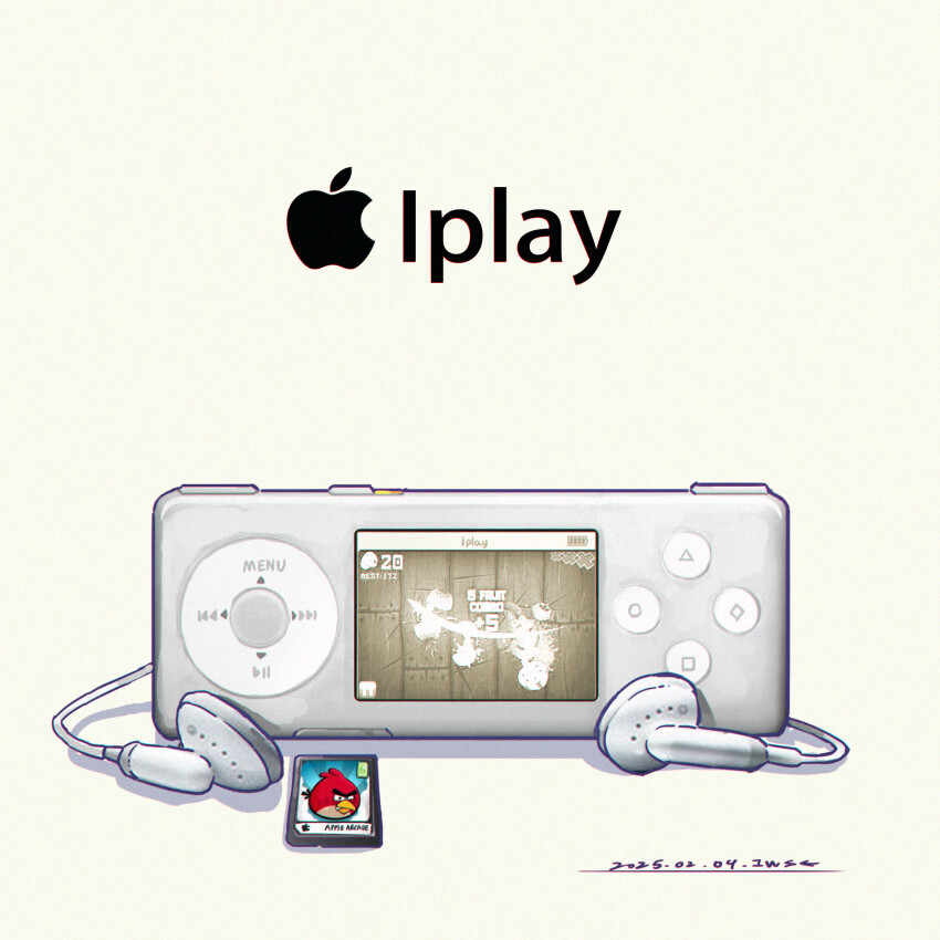 angry_birds apple_inc. artist_name chromatic_aberration dated earphones english_text fruit_ninja game_cartridge handheld_game_console highres iwse_zhang logo no_humans original signature still_life