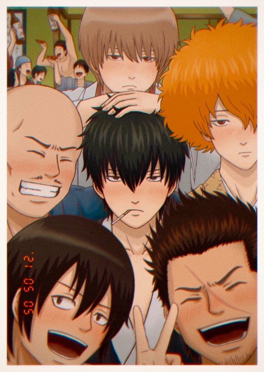 6+boys :d ^_^ bald black_hair black_kimono blue_kimono blush brown_hair brown_kimono character_request closed_eyes commentary_request facial_hair gintama grey_kimono grin hair_between_eyes hair_over_one_eye hand_up hands_on_another&#039;s_head highres hijikata_toushirou indoors japanese_clothes kimono kondou_isao male_focus multiple_boys nose_blush okita_sougo open_mouth orange_hair red_eyes shimaru_saitou shinsengumi_(gintama) smile stubble uta_(utatanezou) v v-shaped_eyebrows yamazaki_sagaru