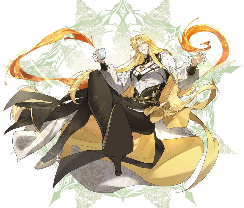 030lala 1boy absurdres black_pants black_sash black_socks blonde_hair chain cleavage_cutout clothing_cutout colored_eyelashes commentary crossed_legs cup curtained_hair earrings eruhaben foreshortening full_body glint gold_shoes gold_trim half-closed_eyes high_heels highres holding holding_cup invisible_chair jewelry light_particles lips long_hair long_sleeves looking_at_viewer lout_of_count&#039;s_family magic magic_circle male_focus mandarin_collar pants parted_bangs parted_lips patterned_clothing pectoral_cleavage pectorals pendant puffy_long_sleeves puffy_sleeves sash shirt shoe_soles shoes sitting smile socks solo symbol-only_commentary tea teacup two-sided_fabric very_long_hair waist_cape white_background white_shirt yellow_eyes