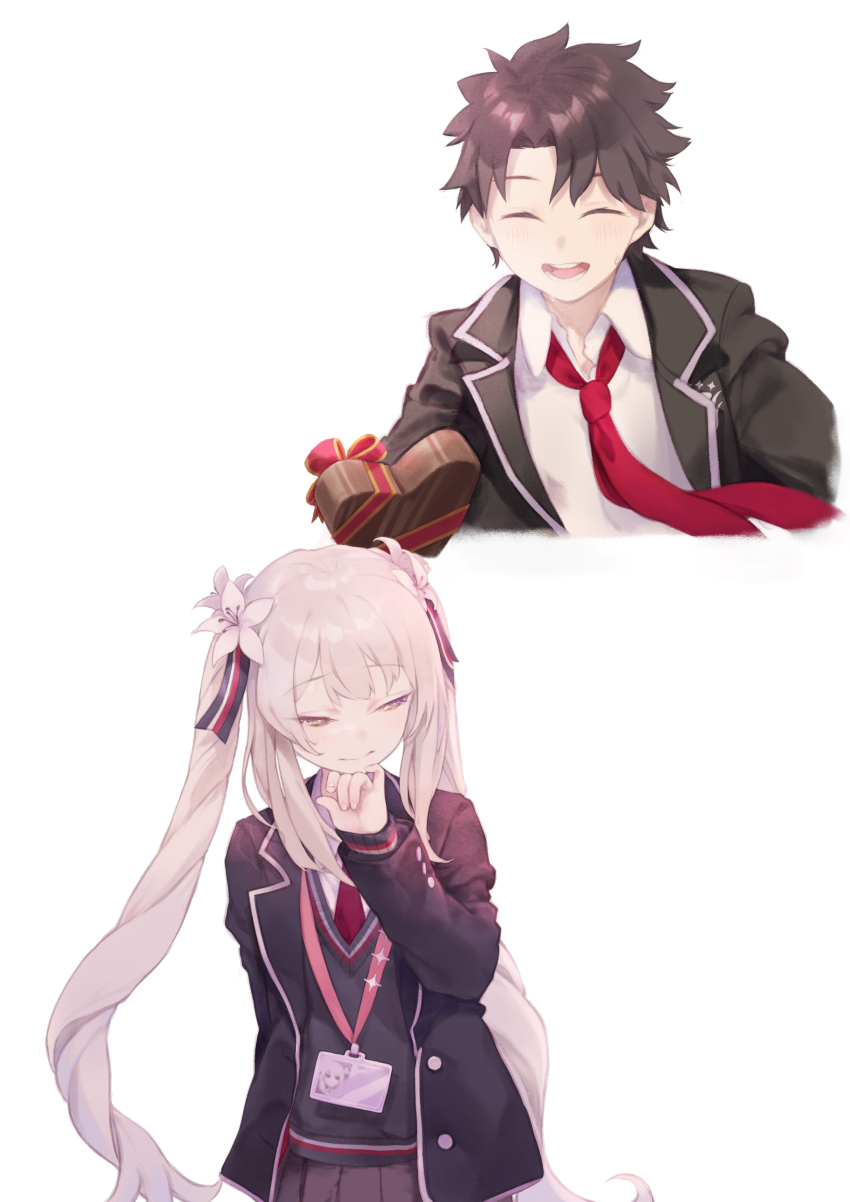 1boy 1girl absurdres black_hair black_jacket breasts candy chocolate chocolate_heart closed_eyes closed_mouth collared_shirt daisi_gi fate/grand_order fate_(series) flower food fujimaru_ritsuka_(male) gradient_hair grey_hair grey_skirt grey_sweater hair_flower hair_ornament heart heart-shaped_food highres jacket long_hair long_sleeves looking_to_the_side marie_antoinette_(fate) marie_antoinette_alter_(fate) medium_breasts multicolored_hair necktie open_mouth school_uniform shirt short_hair sidelocks skirt smile sweater white_hair white_shirt yellow_eyes