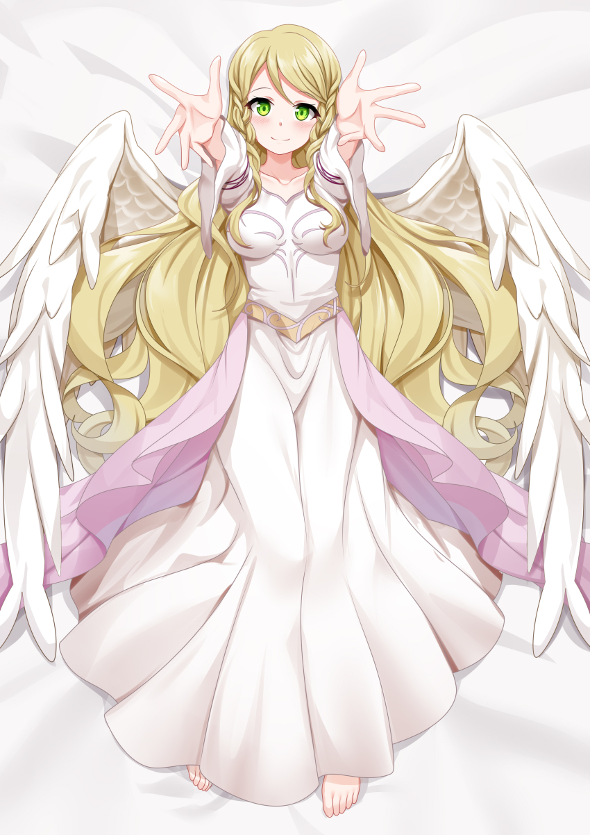 1girl absurdres angel_wings bad_source barefoot bed blonde_hair chrita commission commissioner_upload dress feathered_wings fire_emblem fire_emblem:_path_of_radiance fire_emblem:_radiant_dawn green_eyes highres leanne_(fire_emblem) long_hair looking_at_viewer lying nintendo on_back on_bed reaching reaching_towards_viewer smile solo white_background white_dress white_wings wings