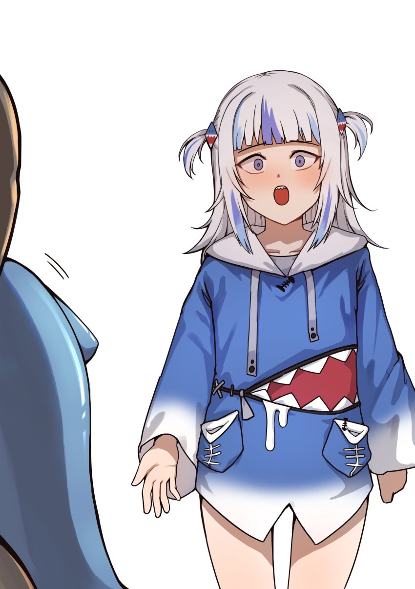 1boy 1girl absurdres anal_beads anal_tail animal_costume animal_hood blue_eyes blue_hair blue_hoodie blunt_bangs butt_plug fake_tail fins fish_tail gawr_gura gawr_gura_(1st_costume) grey_hair hair_ornament highres hololive hololive_english hood hoodie implied_object_insertion implied_tail_plug iver_(reviolet) long_sleeves multicolored_hair open_mouth sex_toy shark_costume shark_girl shark_hair_ornament shark_hood shark_print shark_tail sharp_teeth streaked_hair surprised swallowing tail teeth two_side_up unworn_butt_plug virtual_youtuber white_background wide-eyed
