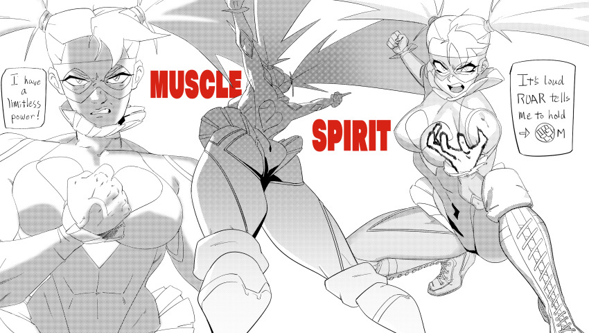 1girl absurdres ass back_cutout big_hair cleavage_cutout clenched_hand clenched_teeth clothing_cutout diepod domino_mask english_text highres legs long_hair mask monochrome rainbow_mika squatting street_fighter street_fighter_v teeth twintails