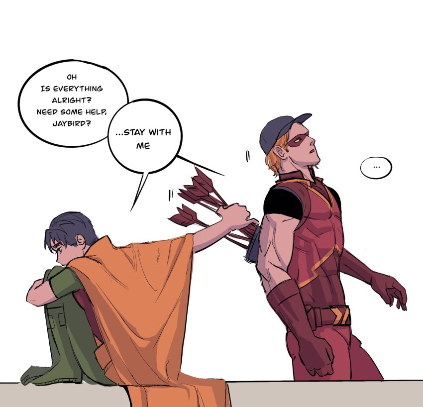2boys archery arsenal_(dc) baseball_cap batman_(series) belt bewarebbpower black_hair bodysuit dc_comics domino_mask gloves hat highres jason_todd male_focus mask multiple_boys muscular muscular_male orange_hair pants red_bodysuit red_hood_and_the_outlaws red_mask robin_(dc) roy_harper short_hair superhero_costume taut_bodysuit two-tone_bodysuit utility_belt