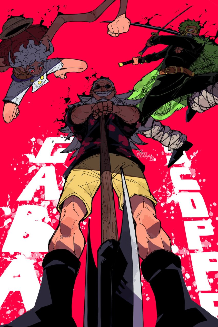 22_nbdy0000961 3boys axe boots cape character_name facial_hair from_below fur_cape gear_fifth green_hair hat highres holding holding_sword holding_weapon leg_hair monkey_d._luffy multiple_boys mustache one_piece pink_background pink_hair planted planted_axe red_cape roronoa_zoro scopper_gaban shorts smile straw_hat sunglasses sword weapon weapon_in_mouth white_hair white_shorts yellow_shorts