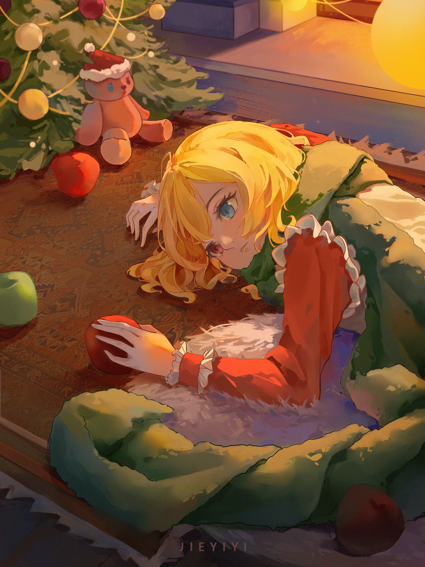1girl absurdres apple artist_name blonde_hair blue_eyes carpet christmas christmas_ornaments christmas_tree commentary expressionless eyelashes fireplace food frilled_vest frilled_wrist_cuffs frills fruit green_apple green_scarf hair_spread_out heterochromia highres holding holding_food holding_fruit indoors jieyi_yi living_room long_sleeves looking_at_object lying on_stomach original parted_lips red_eyes red_shirt red_wrist_cuffs rug scarf shirt short_hair solo stuffed_animal stuffed_toy teddy_bear upper_body vest wavy_hair white_vest wrist_cuffs
