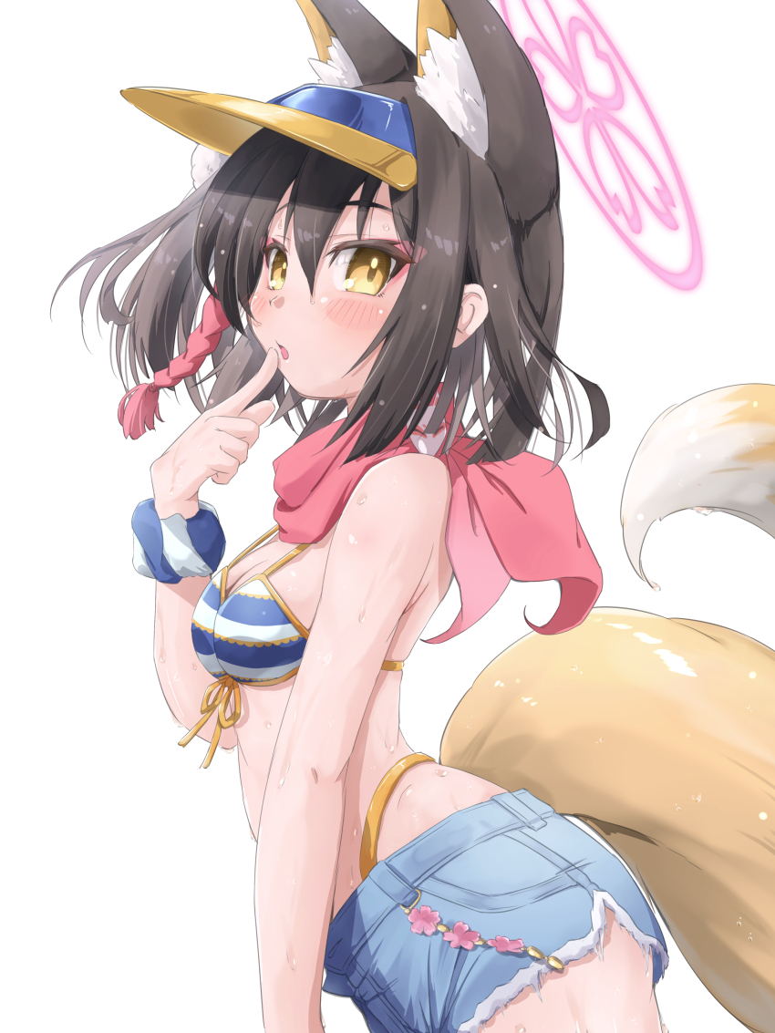 1girl absurdres animal_ear_fluff animal_ears bikini blue_archive denim denim_shorts finger_to_mouth fox_ears fox_girl fox_tail from_side front-tie_bikini_top front-tie_top hair_ornament halo highleg highleg_bikini highres index_finger_raised izuna_(blue_archive) izuna_(swimsuit)_(blue_archive) micro_shorts pink_halo pom_pom_(clothes) pom_pom_hair_ornament red_scarf scarf shorts solo striped_bikini striped_clothes sweat swimsuit tail tomonx visor_cap white_background
