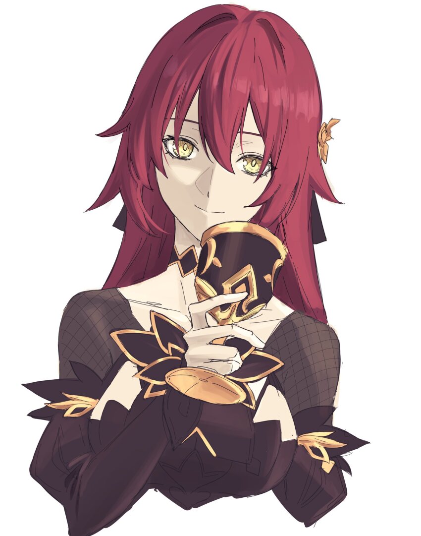 1girl black_dress breasts brown_hair chalice commentary_request cropped_torso cup dress eden_(honkai_impact) hair_ornament highres holding holding_cup honkai_(series) honkai_impact_3rd kk0106kkk large_breasts long_hair simple_background smile solo very_long_hair white_background yellow_eyes