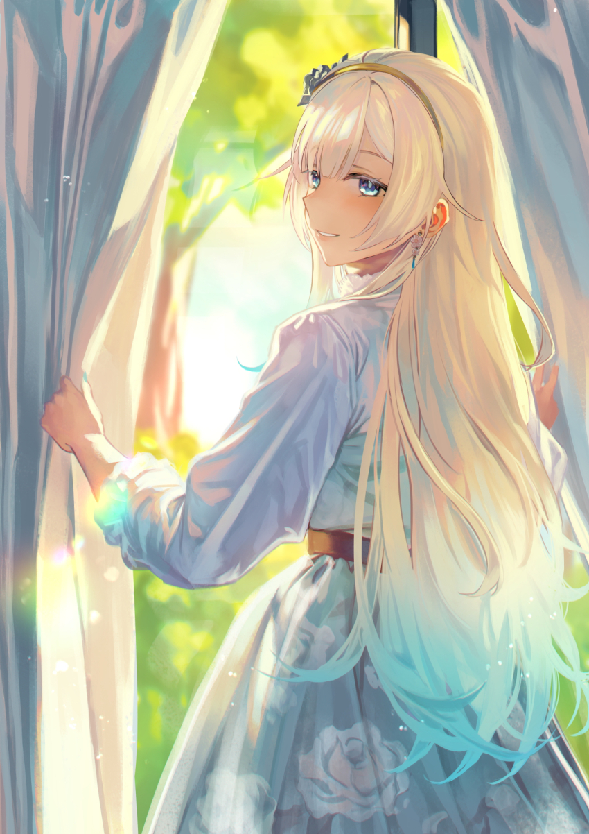 1girl aizawa_ema aizawa_ema_(3rd_costume) blue_eyes blue_hair curtains dress earrings floral_print from_behind gradient_hair grin hairband highres indoors jewelry long_hair long_sleeves looking_at_viewer looking_back multicolored_hair otsudou print_dress smile solo very_long_hair virtual_youtuber vspo! white_dress white_hair yellow_hairband