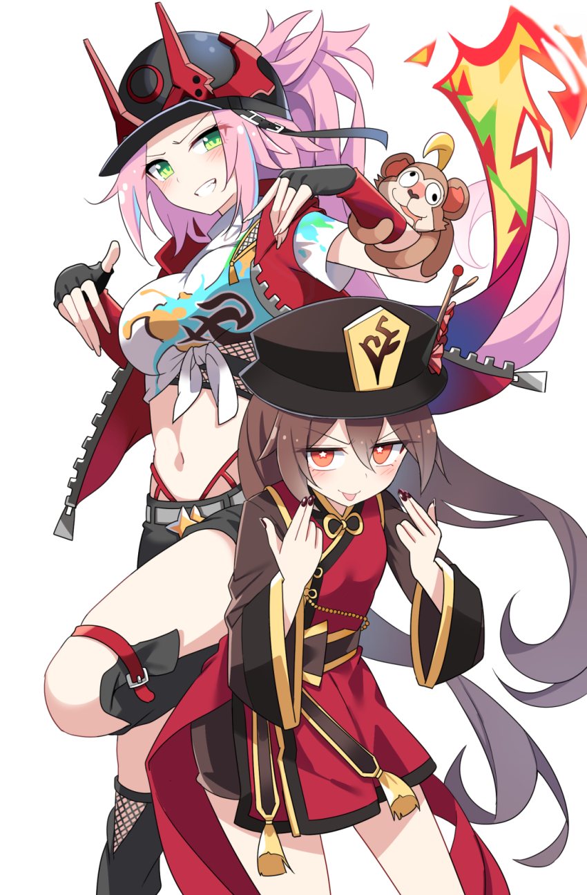 2girls black_gloves black_hat brown_eyes brown_hair brown_shirt company_connection dress e.o. fingerless_gloves fishnets genshin_impact gloves green_eyes grin hat highres honkai:_star_rail honkai_(series) hu_tao_(genshin_impact) hu_tao_(sweets_paradise)_(genshin_impact) jacket long_hair looking_at_viewer midriff multiple_girls navel official_alternate_costume open_clothes open_jacket pink_hair rappa_(honkai:_star_rail) red_dress red_jacket shirt short_shorts shorts simple_background sleeveless sleeveless_jacket smile tied_shirt tongue tongue_out twintails white_background white_shirt