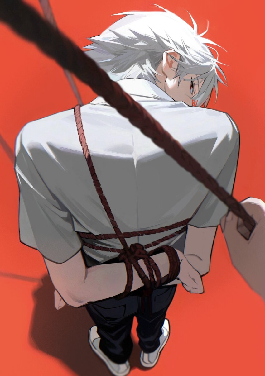 1boy 1other absurdres bad_id bad_twitter_id black_pants collared_shirt from_above from_behind full_body highres looking_at_viewer looking_back male_focus nagisa_kaworu neon_genesis_evangelion out_of_frame pants pocket red_background red_eyes seeuagain5353 shibari shirt shirt_tucked_in shoes short_hair short_sleeves solo standing white_hair white_shirt white_shoes