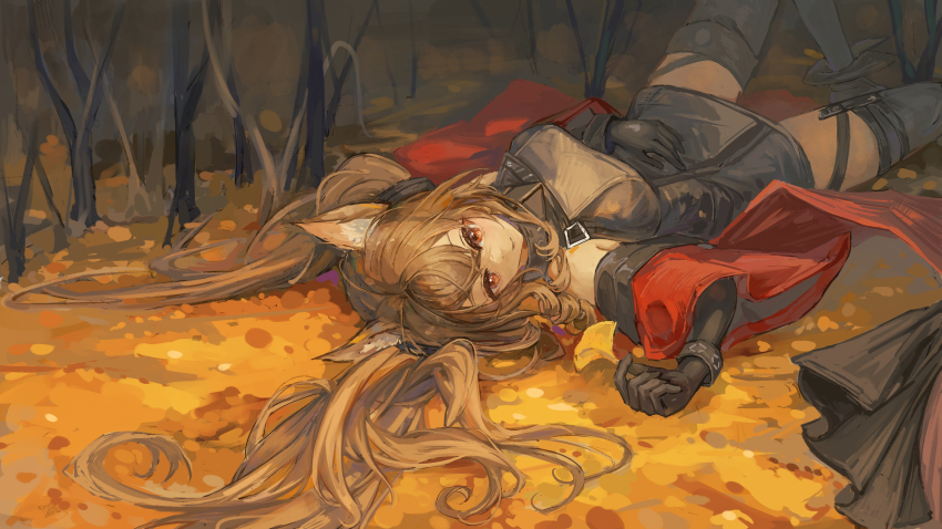 1girl absurdres angelina_(arknights) animal_ear_fluff animal_ears arknights arknights:_endfield armpit_crease autumn autumn_leaves bare_shoulders bare_tree belt black_gloves black_thighhighs bracelet breasts brown_hair coat commentary dot_nose dress elbow_gloves fox_ears fox_girl full_body gilberta_(arknights) gloves grey_dress hair_between_eyes high_belt highres infection_monitor_(arknights) jewelry karenncat knee_up leaf long_hair long_sleeves looking_at_viewer lying medium_breasts off_shoulder on_back on_floor outdoors red_coat red_eyes smile solo thighhighs tree twintails