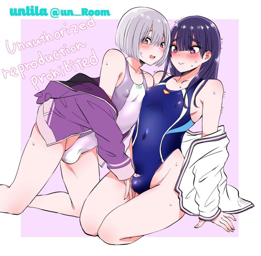 2boys androgynous blush bulge cosplay crossdressing gridman_universe long_hair male_focus medium_hair multiple_boys nagano_rira open_mouth purple_eyes red_eyes shinjou_akane shinjou_akane_(cosplay) silver_hair ssss.gridman sweat swimsuit takarada_rikka takarada_rikka_(cosplay) trap trap_on_trap yaoi