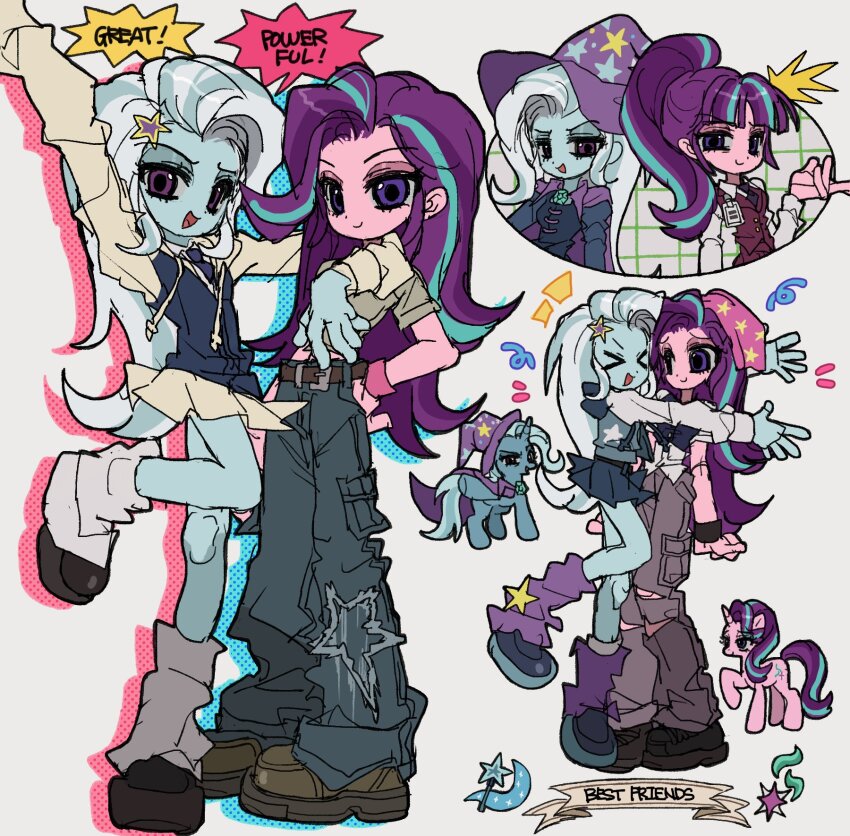&gt;_&lt; 2girls aqua_hair arm_up beanie belt blue_footwear blue_pants blue_skin blue_skirt brown_belt brown_footwear cape closed_mouth colored_skin creature_and_personification cutie_mark denim drop_shadow english_text full_body grey_background grey_pants grey_shirt hair_ornament halftone hand_on_own_hip hat highres hug jacket jeans jwnn loafers long_hair looking_at_another looking_at_viewer loose_socks miniskirt multicolored_hair multiple_girls multiple_views my_little_pony my_little_pony:_equestria_girls my_little_pony:_friendship_is_magic necktie open_mouth outstretched_arm pants personification pink_hat pink_skin pleated_skirt pony_(animal) ponytail purple_cape purple_eyes purple_hair purple_hat purple_necktie purple_socks shirt shoes short_sleeves simple_background skirt smile socks standing standing_on_one_leg star_(symbol) star_hair_ornament starlight_glimmer starlight_glimmer_(equestria_girls) streaked_hair tongue trixie_lulamoon trixie_lulamoon_(equestria_girls) two-tone_hair unicorn very_long_hair white_hair white_jacket white_skirt white_socks witch_hat