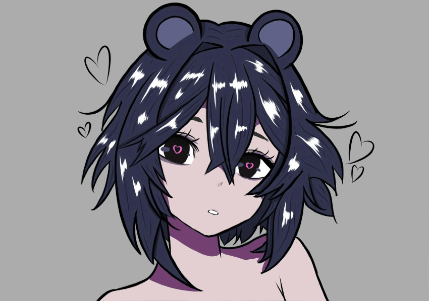 1girl absurdres animal_ears apandah_(youtube) bare_shoulders bear_ears black_eyes black_hair female_focus grey_background hair_between_eyes hair_intakes heart heart-shaped_pupils highres looking_at_viewer panda_ears shadow short_hair simple_background solo solo_focus symbol-shaped_pupils tagme topless_female youtube