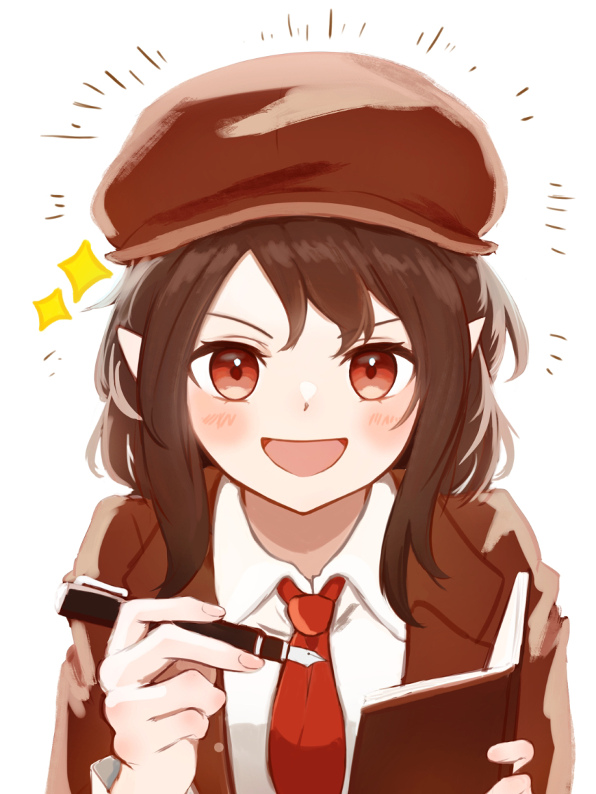 1girl :d blazer blush breasts brown_eyes brown_hair brown_hat brown_jacket cabbie_hat collared_shirt commentary_request emphasis_lines flat_cap forbidden_scrollery hands_up happy hat highres holding holding_notebook holding_pen jacket long_sleeves looking_at_viewer medium_hair necktie nib_pen_(object) no_wings notebook open_clothes open_jacket open_mouth pen pointy_ears red_necktie reporter ritu_(ri_tu49) shameimaru_aya shameimaru_aya_(newsboy) shirt simple_background smile solo sparkle touhou upper_body v-shaped_eyebrows white_background white_shirt wing_collar