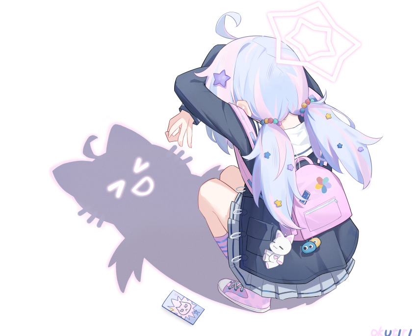 &gt;_&lt; 1girl absurdres ahoge arms_up blue_archive blue_hair cat_shadow_puppet_(meme) coat commentary crossed_arms duffel_coat exusiai_dust grey_skirt hair_ornament halo highres long_hair meme middle_w multicolored_hair pink_hair pink_socks pleated_skirt reisa_(blue_archive) revision school_uniform skirt socks solo squatting star_(symbol) star_hair_ornament twintails two-tone_hair w