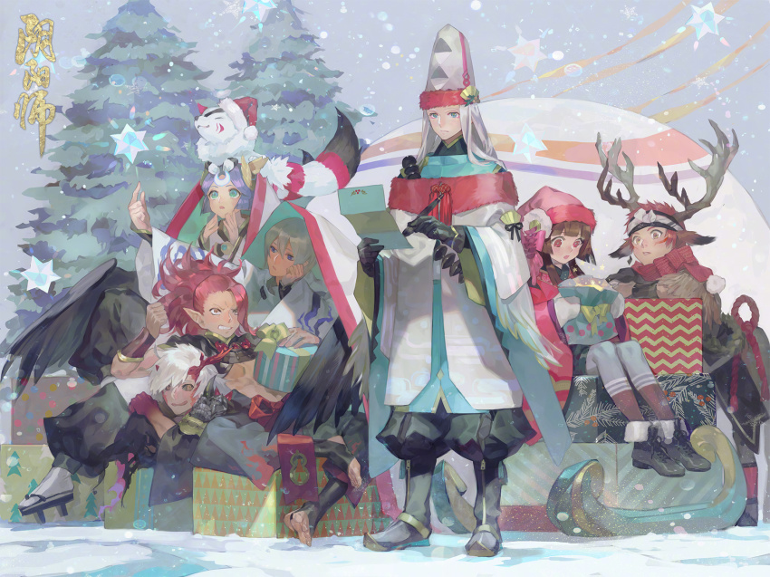 2girls 6+boys :o abe_no_seimei_(onmyoji) alternate_costume alternate_headwear angry antlers aqua_eyes black_footwear black_gloves black_hair black_sclera black_wings blonde_hair blue_eyes boots bow box brown_eyes brown_hair centauroid christmas clenched_hand clenched_teeth colored_sclera daitengu_(onmyoji) feathered_wings fox full_body fur_trim geta gift gift_box gloves hair_ornament hand_on_own_cheek hand_on_own_face hat highres holding holding_gift holding_paper horns ibaraki_(onmyoji) japanese_clothes kagura_(onmyoji) kaguya_(onmyoji) kimono kohaku_(onmyoji) leather leather_boots leather_gloves long_hair long_sleeves mittens multiple_boys multiple_girls nishihara_isao official_art onmyoji outdoors paper pointy_ears ponytail purple_eyes red_eyes red_hair ribbon sack santa_hat shishio_(onmyoji) short_hair shuten_douji_(onmyoji) sitting sled snow snowing tate_eboshi taur teeth tengu tree very_long_hair white_hair wide_sleeves wings yellow_eyes