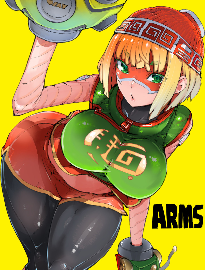 1girl absurdres arms_(game) beanie blonde_hair bob_cut breasts domino_mask green_eyes hat highres large_breasts mask megawatt_(arms) midriff_peek min_min_(arms) orange_shorts pantyhose pantyhose_under_shorts short_hair shorts solo takayama_toshinori thick_thighs thighs yellow_background
