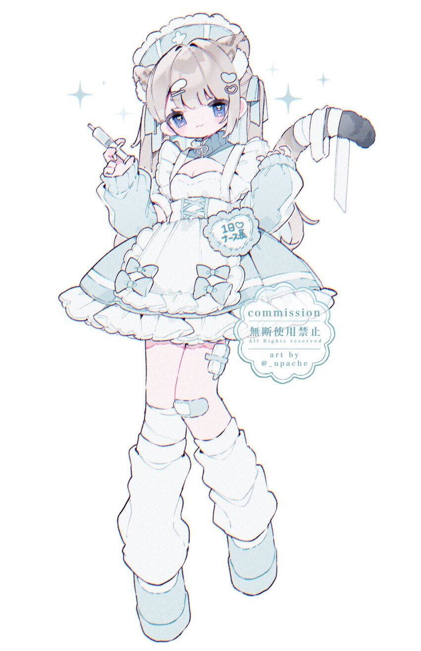 1girl :3 animal_ear_fluff animal_ears apron bandaid bandaid_on_knee bandaid_on_leg blush breasts cat_ears cat_girl cat_tail cleavage cleavage_cutout closed_mouth clothing_cutout commentary commission dress frilled_apron frilled_dress frills full_body green_dress green_hat green_ribbon green_shoes grey_hair hair_ornament hair_ribbon hands_up hat heart heart_hair_ornament highres holding holding_syringe long_hair long_sleeves looking_at_viewer original purple_eyes ribbon shoes simple_background smile socks solo standing standing_on_one_leg symbol-only_commentary syringe tail upache watermark white_apron white_background white_socks